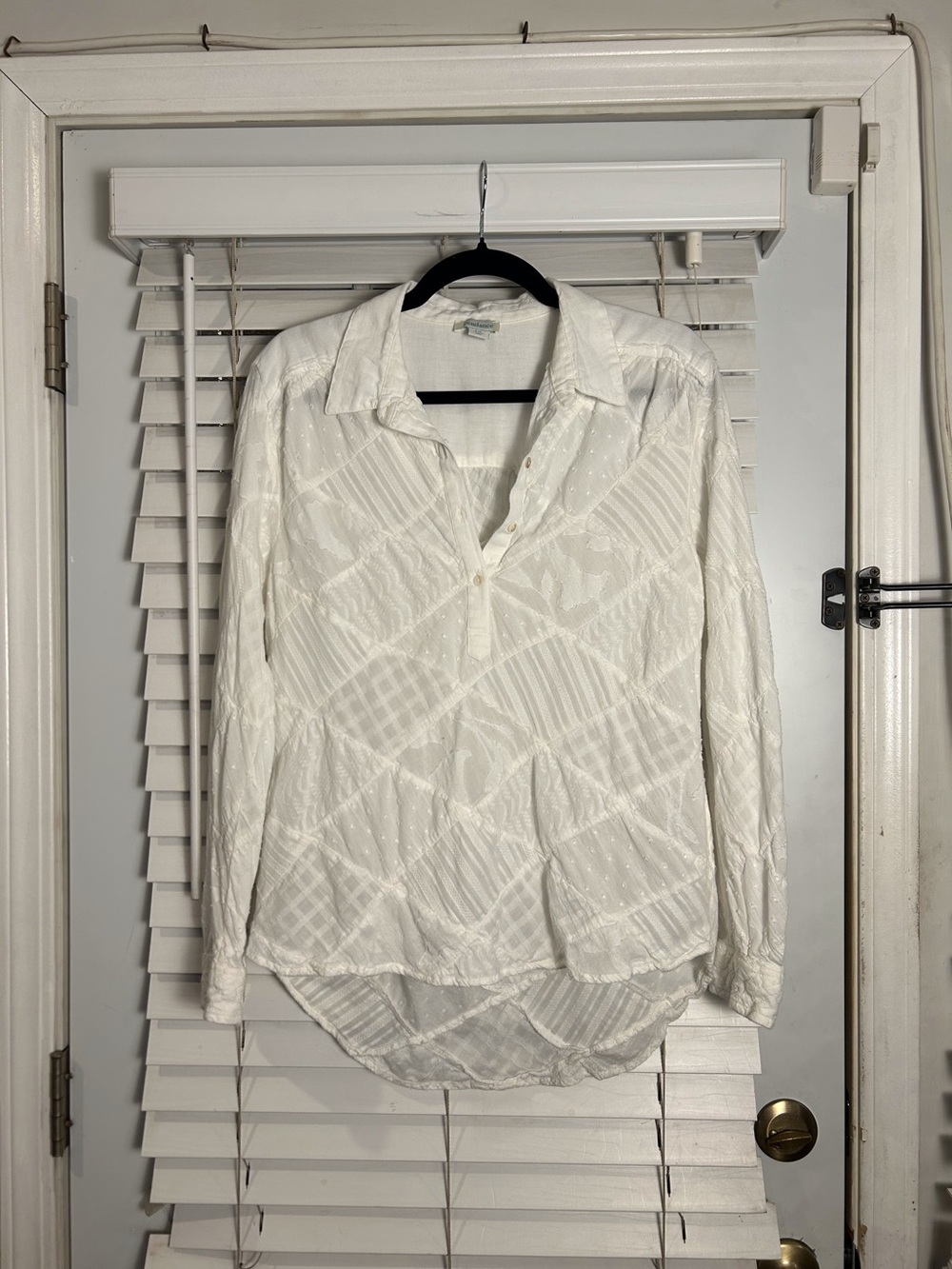 White Long-Sleeve Textured Button-Neck Women's Top Patchwork Sz MP  Boho Chic